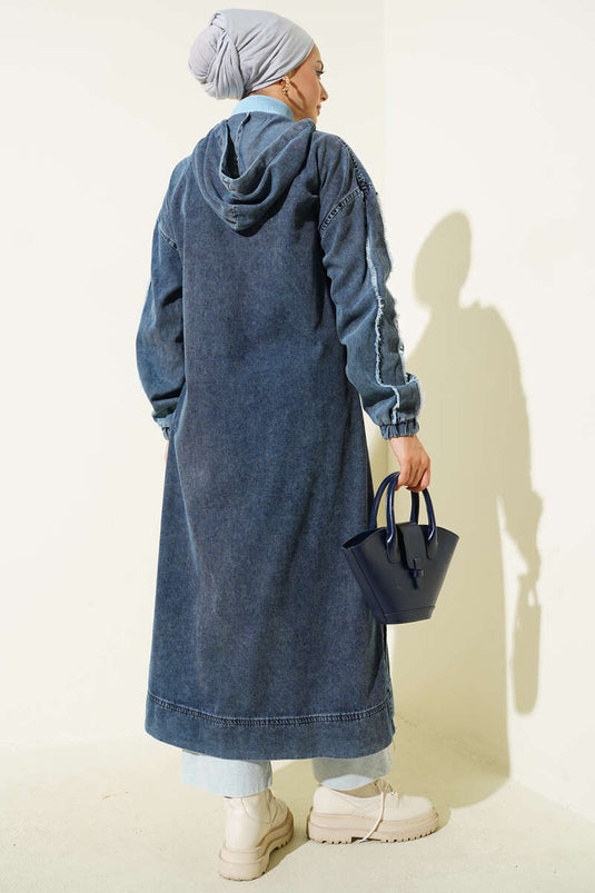 Kapüşonlu Fermuarlı Kot Kap Koyu Mavi