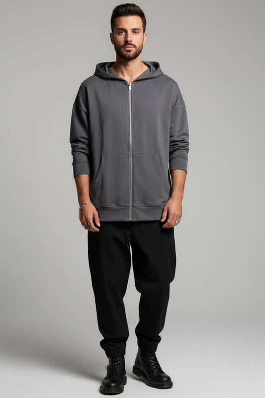 Kapüşonlu Fermuarlı Oversize Erkek Sweatshirt Antrasit