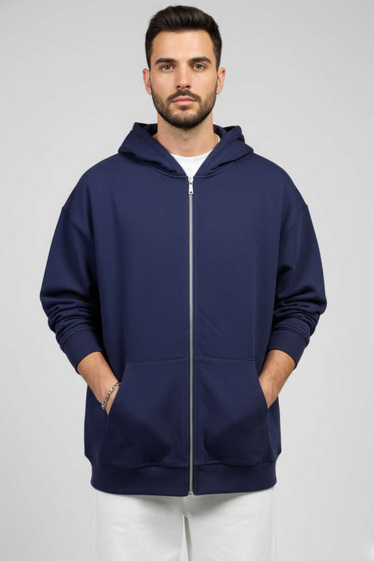 Sweat-shirt oversize à capuche zippé pour homme, bleu marine