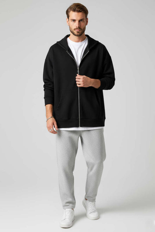 Kapüşonlu Fermuarlı Oversize Erkek Sweatshirt Siyah