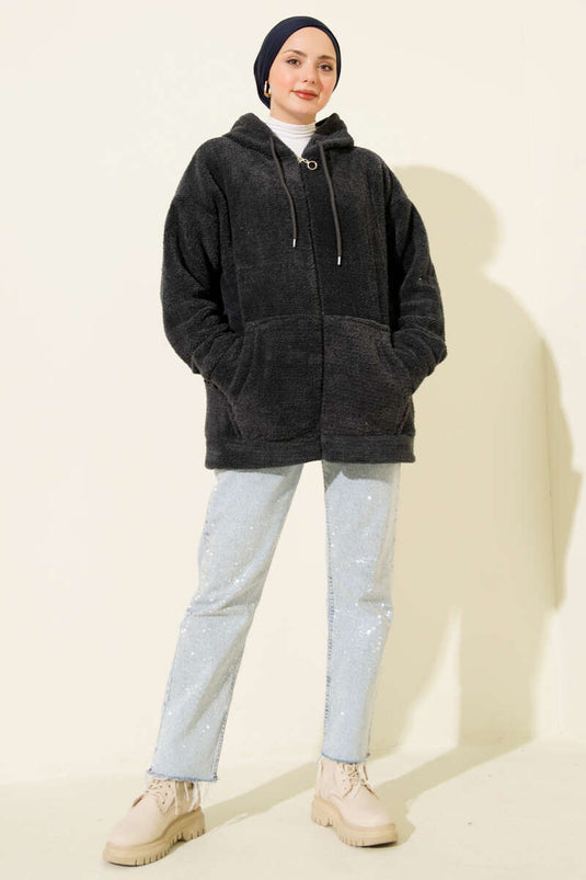 Manteau en peluche à capuche zippé gris ardoise