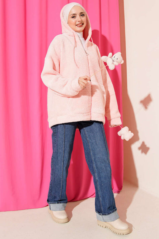 معطف وردي مخملي بغطاء رأس وسحاب