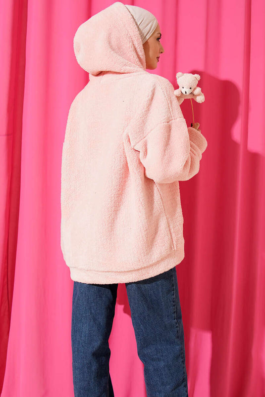 معطف وردي مخملي بغطاء رأس وسحاب