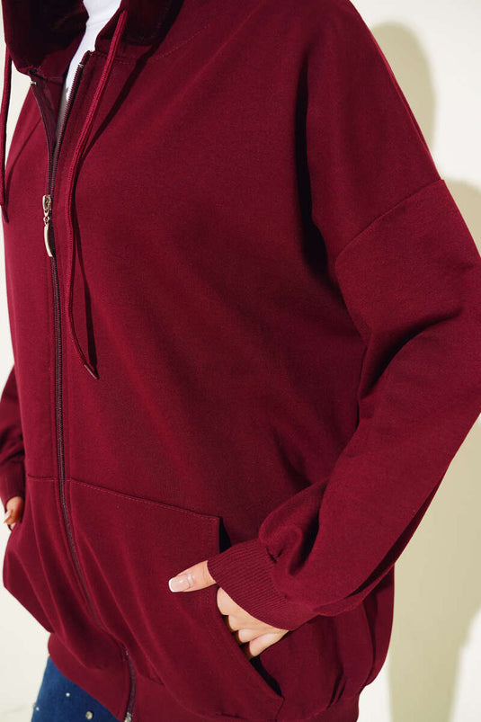 Hooded Zippered Casual Cardigan Burgundy