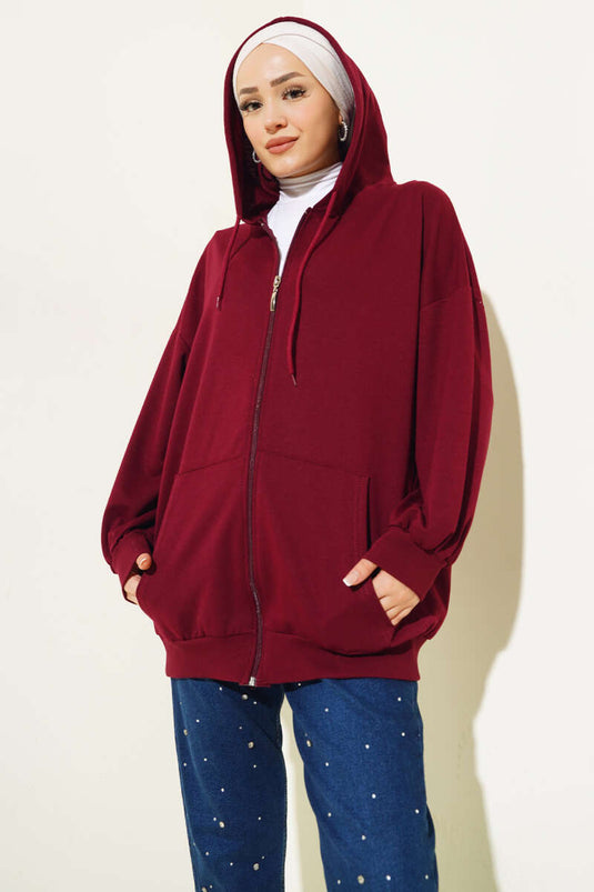 Hooded Zippered Casual Cardigan Burgundy