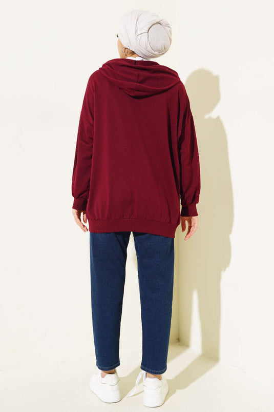 Hooded Zippered Casual Cardigan Burgundy