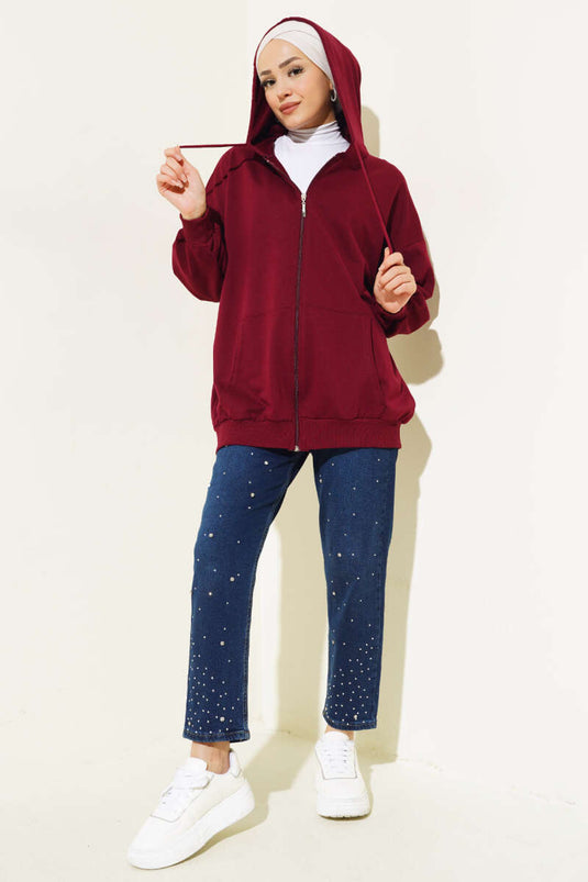 Hooded Zippered Casual Cardigan Burgundy