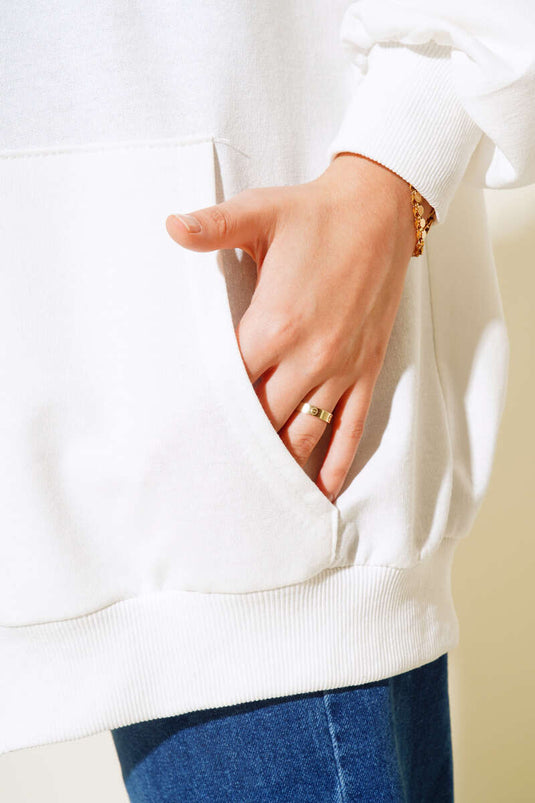 Cardigan casual con cappuccio e cerniera color ecru