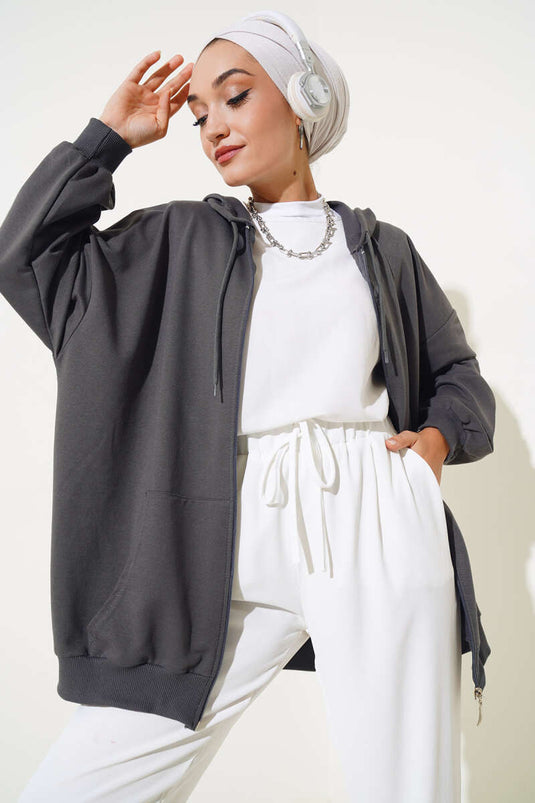 Cardigan casual con cappuccio e cerniera affumicato