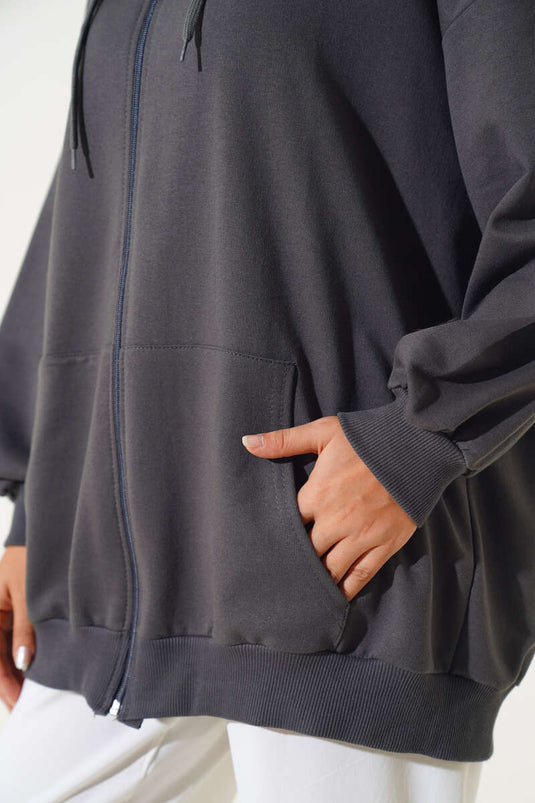 Cardigan casual con cappuccio e cerniera affumicato