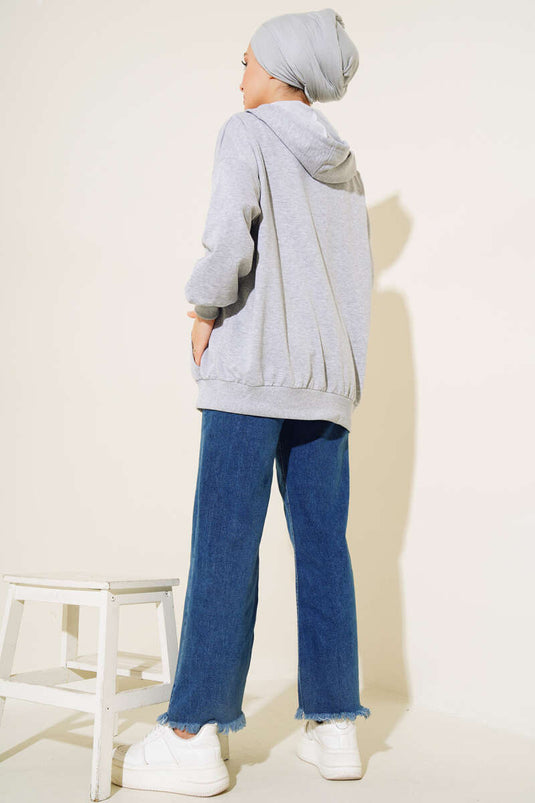 Hooded Zippered Casual Cardigan Gray