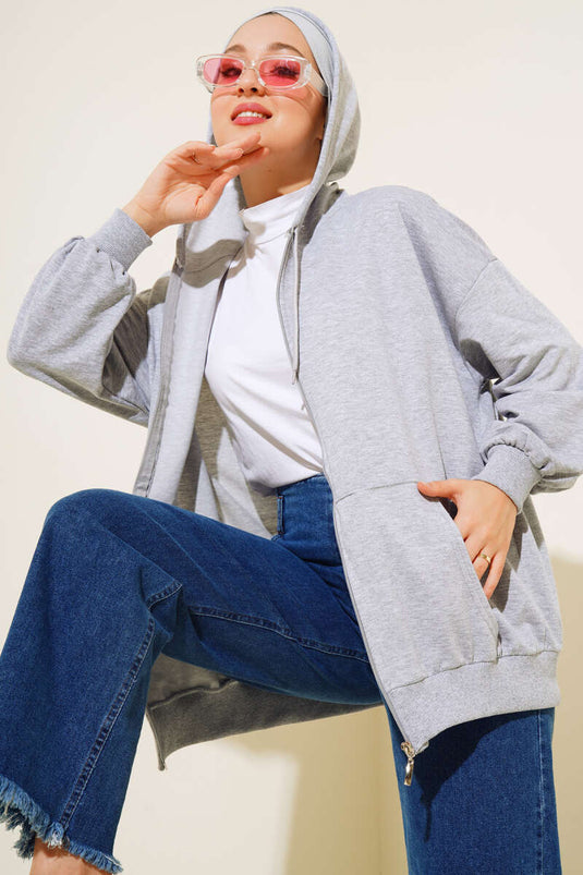 Hooded Zippered Casual Cardigan Gray