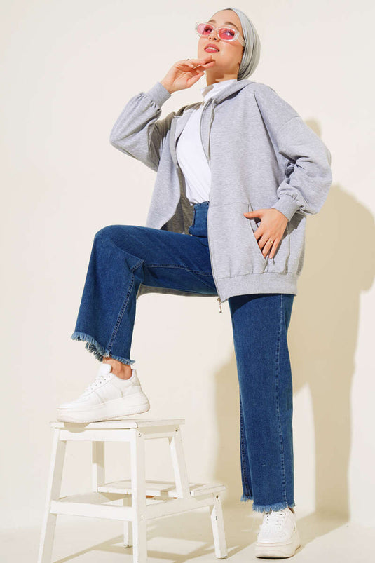Hooded Zippered Casual Cardigan Gray