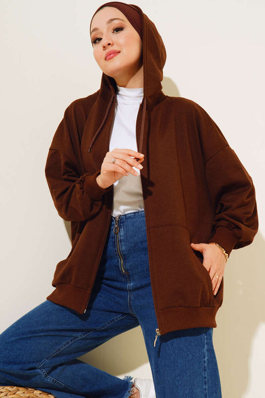 Cardigan casual con cappuccio e cerniera marrone