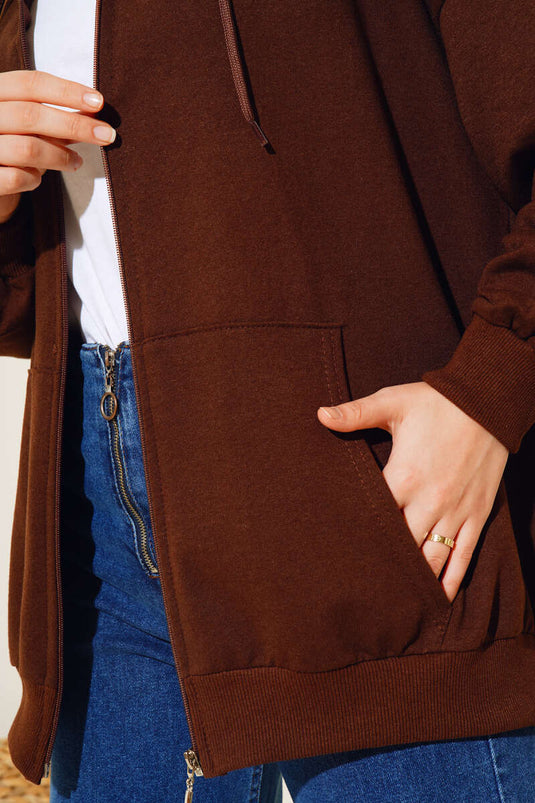 Cardigan casual con cappuccio e cerniera marrone