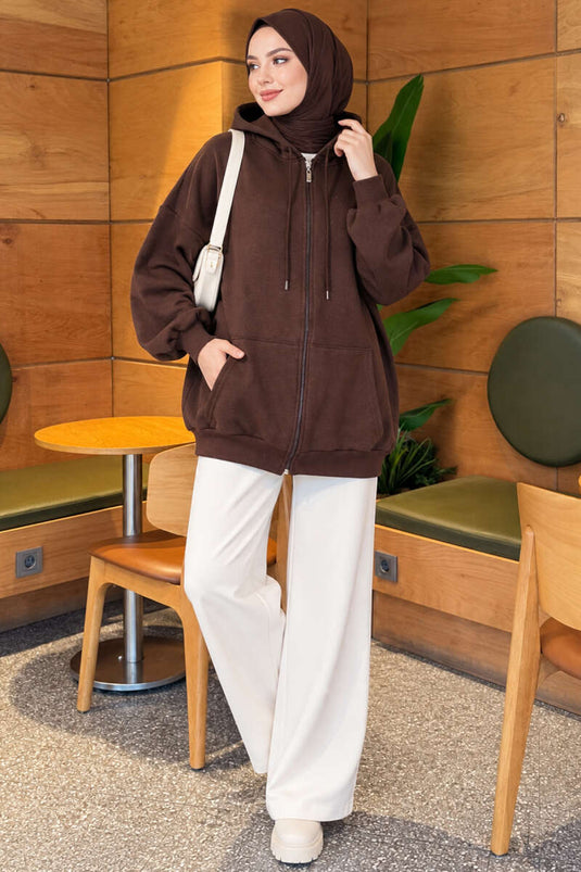 Hooded Zippered Casual Cardigan Brown