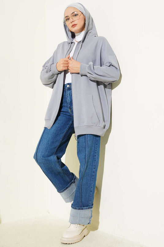 Hooded Zippered Casual Cardigan in Slate Gray