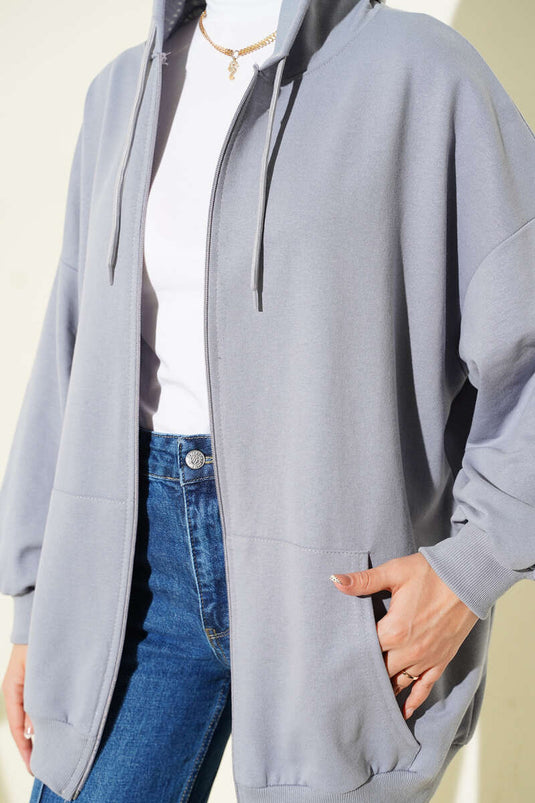 Hooded Zippered Casual Cardigan in Slate Gray
