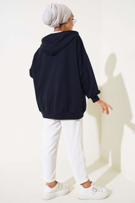 Hooded Zippered Casual Cardigan Navy Blue