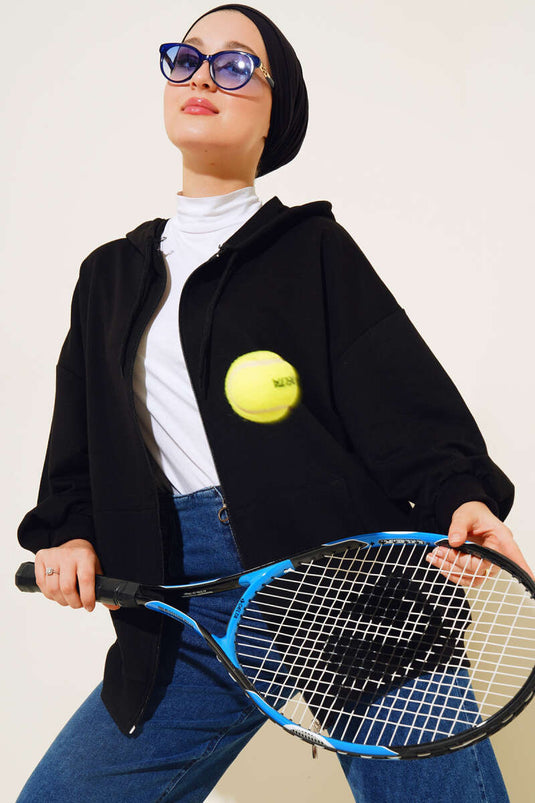 Cardigan casual con cappuccio e cerniera nero