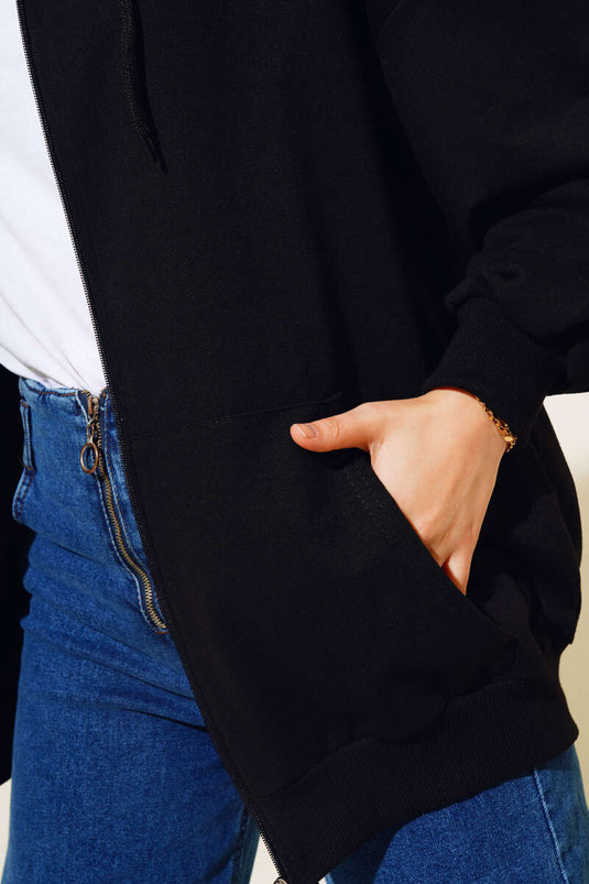 Cardigan casual con cappuccio e cerniera nero