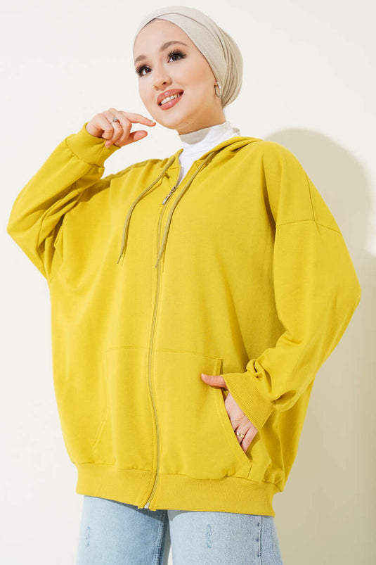 Hooded Zippered Casual Cardigan Oil Green