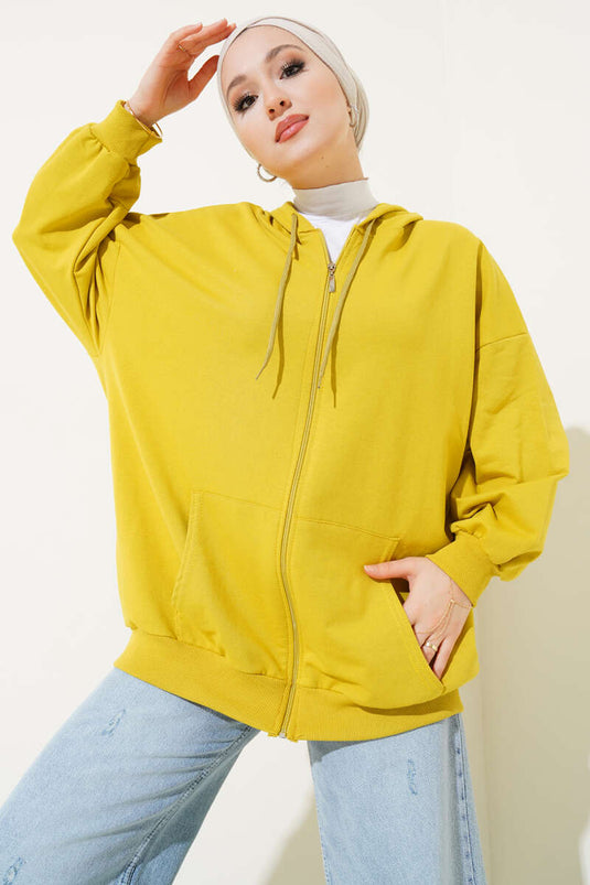 Cardigan casual con cappuccio e cerniera verde petrolio