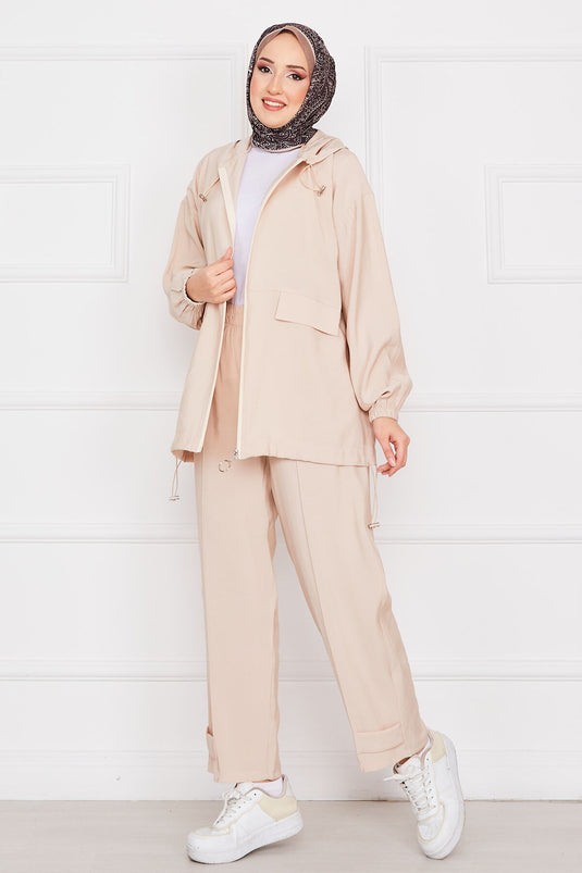 Hooded Zippered Casual Two Piece Set Stone