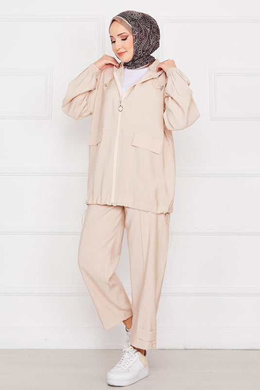 Hooded Zippered Casual Two Piece Set Stone