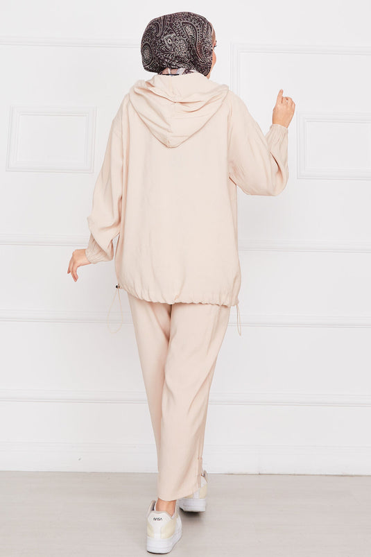 Hooded Zippered Casual Two Piece Set Stone