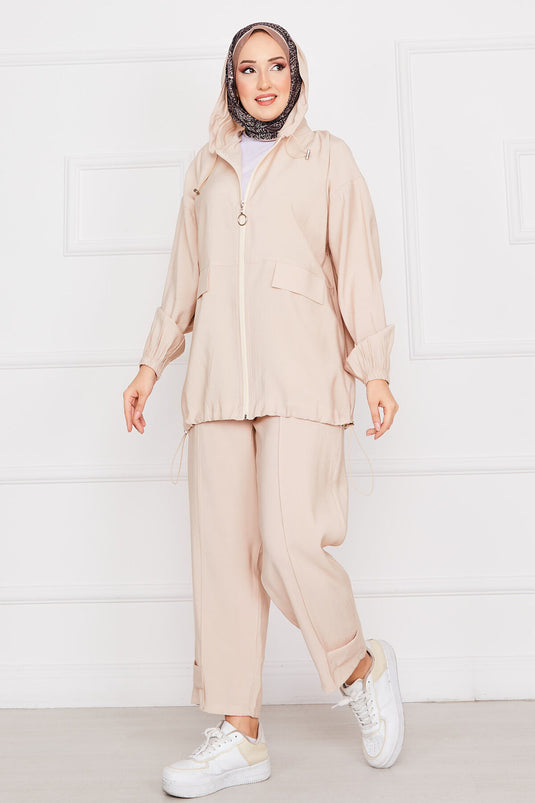 Hooded Zippered Casual Two Piece Set Stone