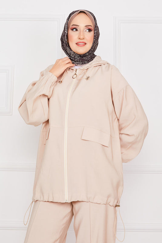 Hooded Zippered Casual Two Piece Set Stone