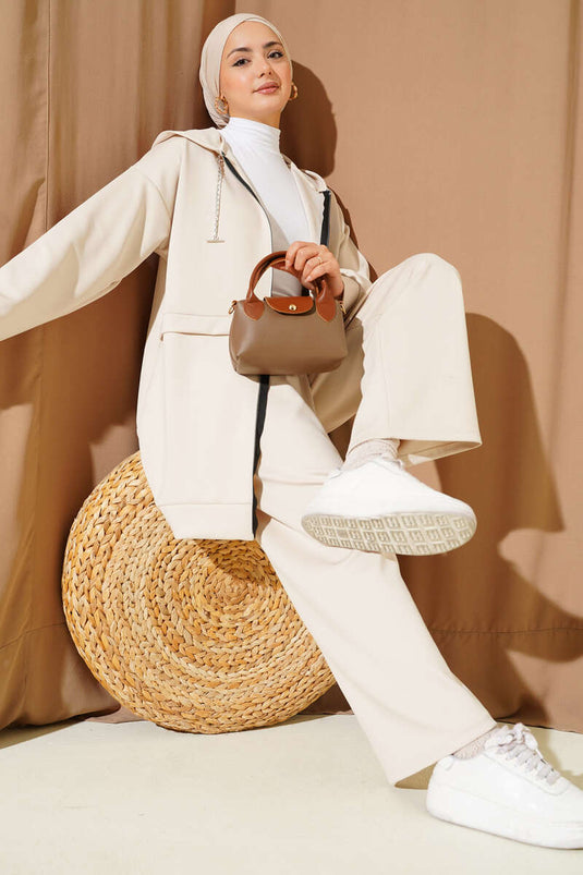 بدلة غوص من قطعتين بغطاء رأس وسحاب، لون بيج