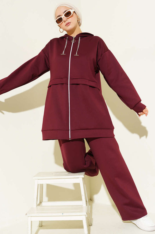 بدلة غوص من قطعتين بغطاء رأس وسحاب، لون أحمر قرمزي