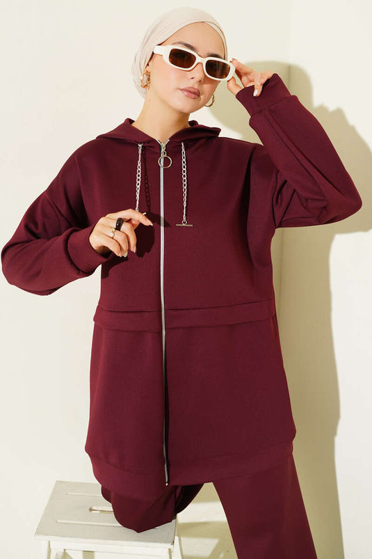 بدلة غوص من قطعتين بغطاء رأس وسحاب، لون أحمر قرمزي