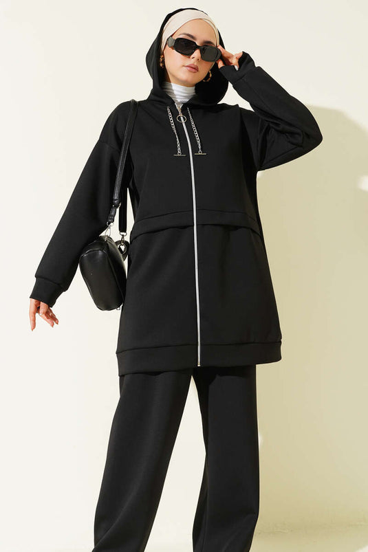 بدلة غوص من قطعتين بغطاء رأس وسحاب، لون أسود
