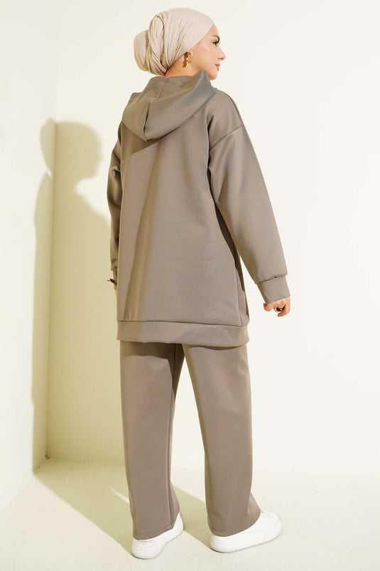 Hooded Zippered Scuba Two Piece Suit Mink