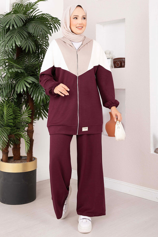 Completo Sportivo Due Pezzi Con Cappuccio E Zip Bordeaux