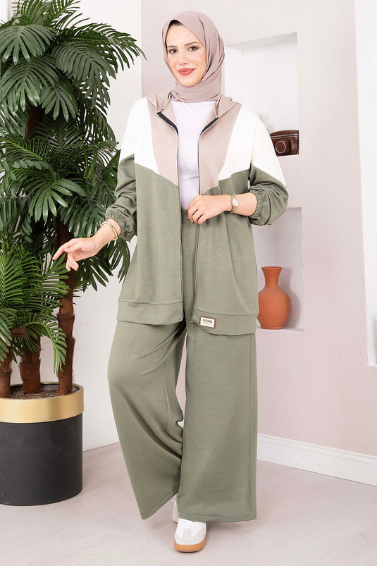 Completo Sportivo Con Cappuccio E Zip In Kaki