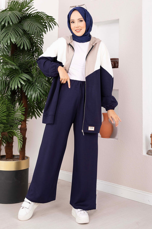 Completo Sportivo A Due Pezzi Con Cappuccio E Zip Blu Navy