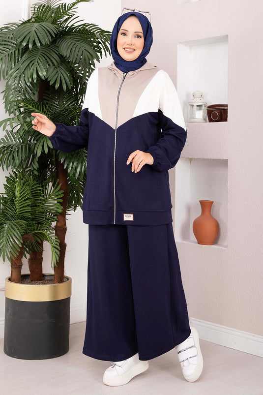 Completo Sportivo A Due Pezzi Con Cappuccio E Zip Blu Navy