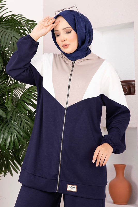 Completo Sportivo A Due Pezzi Con Cappuccio E Zip Blu Navy