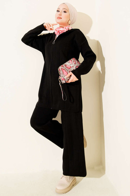 Zweiteiliges Strickset mit Kapuze und Reißverschluss, Schwarz