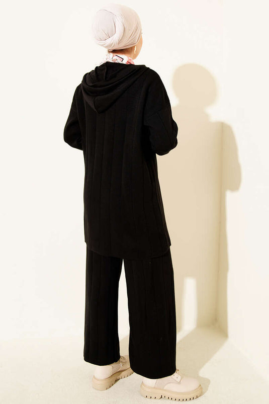 Zweiteiliges Strickset mit Kapuze und Reißverschluss, Schwarz