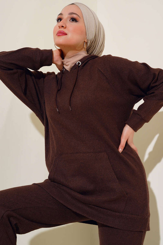 Kapüşonlu Fitilli İkili Takım Kahve