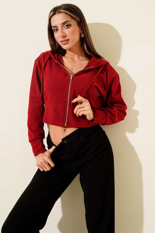 Cardigan corto a coste con cappuccio rosso