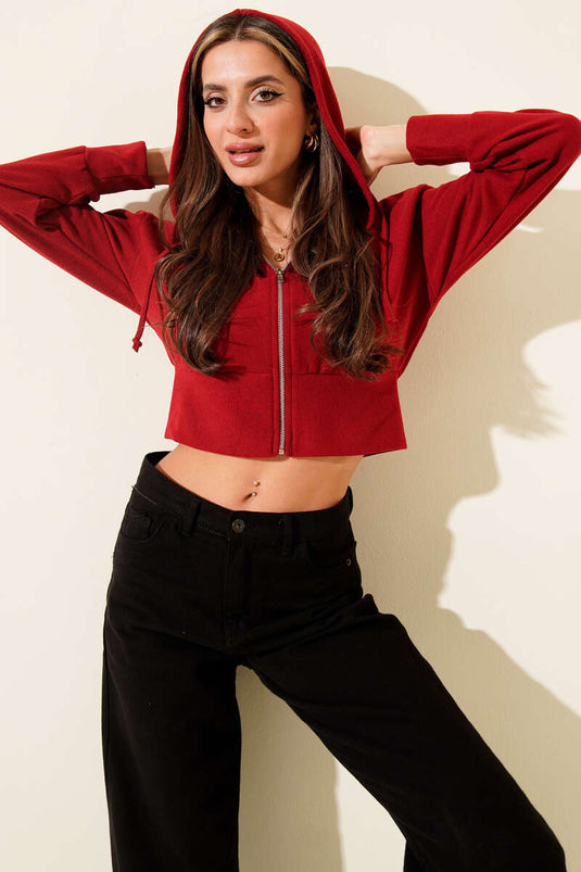 Cardigan corto a coste con cappuccio rosso