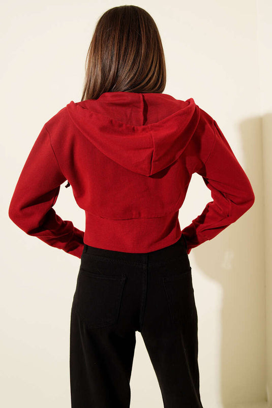 Cardigan corto a coste con cappuccio rosso