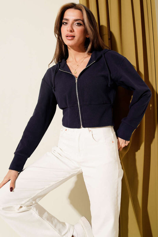 Cardigan corto a coste con cappuccio blu scuro