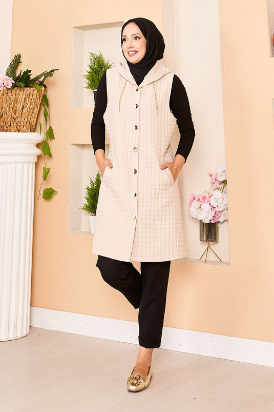 Kapüşonlu Gold Düğme Detaylı Kapitone Yelek Bej